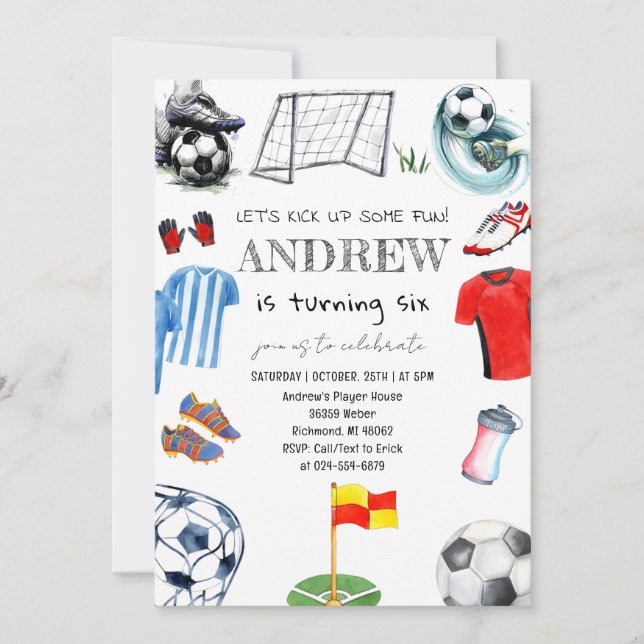 Personal Watercolor Soccer Birthday Party Invitation (Front)