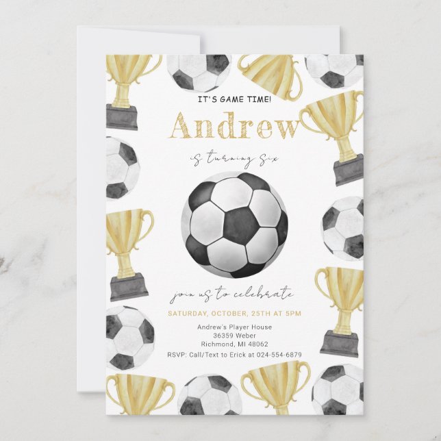 Personal Watercolor Soccer Birthday Party Invitation (Front)