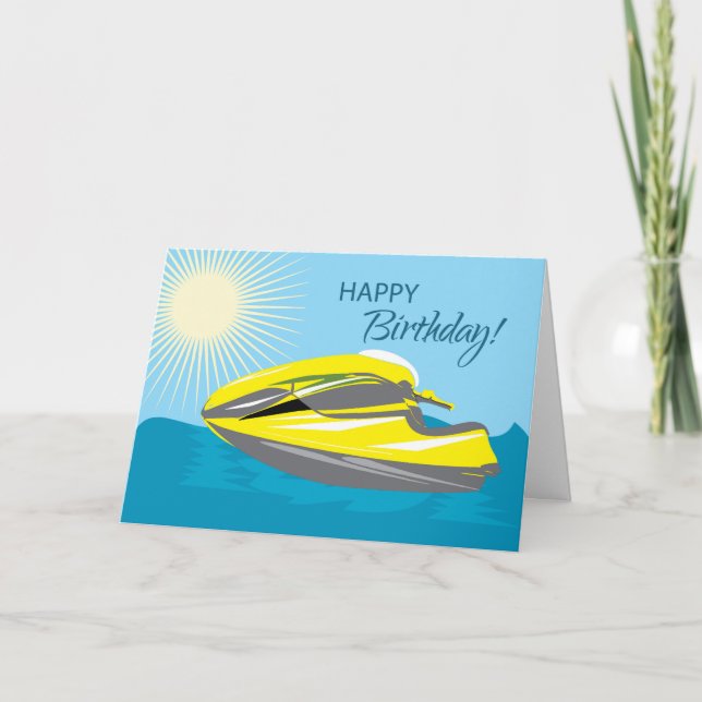 Personal Watercraft Birthday Sunny Yellow in Blue Card (Front)