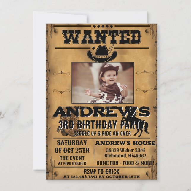 Personal Western Cowboy with Photo Birthday  Invitation (Front)