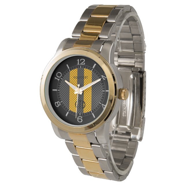 Personaled Yellow Racing Stripes Carbon Style Watch (Angled)