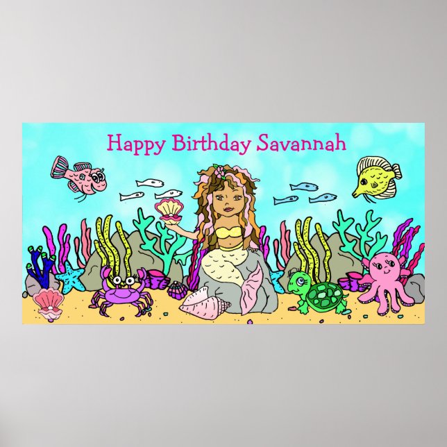 Personalied Happy Birthday Mermaid Poster (Front)