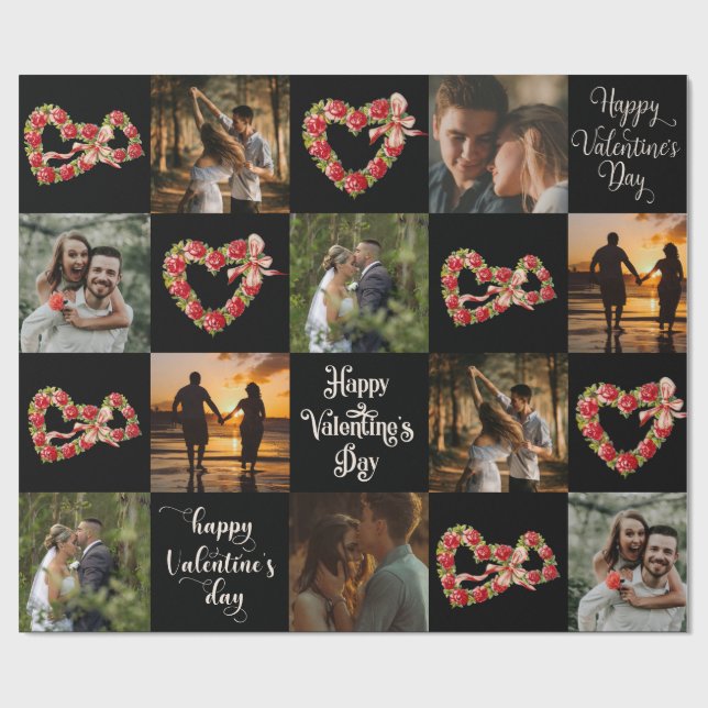 Personalise 10 Photos Happy Valentine's Day Retro Wrapping Paper (Flat)
