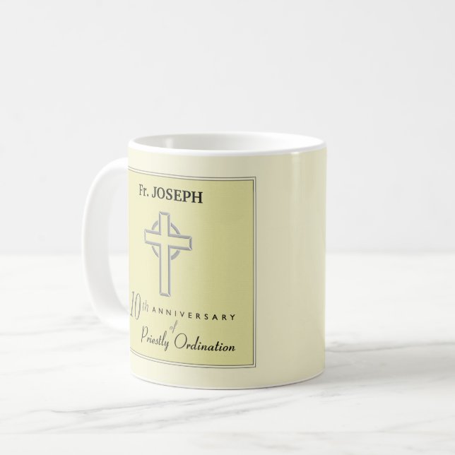 Personalise, 10th Anniversary of Priest Embossed Coffee Mug (Front Left)