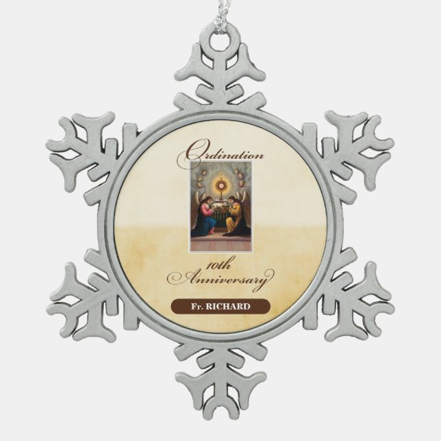 Personalise, 10th Ordination Anniversary Angels Snowflake Pewter Christmas Ornament (Front)
