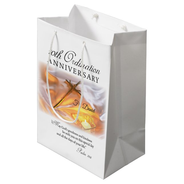 Personalise, 10th Ordination Anniversary, Cross Medium Gift Bag (Front Angled)