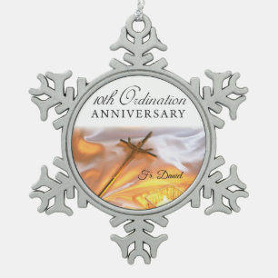 Personalise, 10th Ordination Anniversary, Cross Snowflake Pewter Christmas Ornament