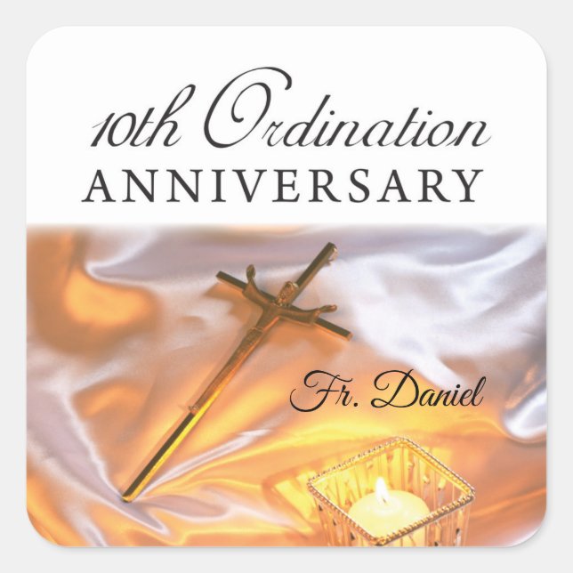 Personalise, 10th Ordination Anniversary, Cross Square Sticker (Front)