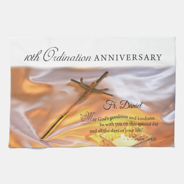Personalise, 10th Ordination Anniversary, Cross Tea Towel (Horizontal)