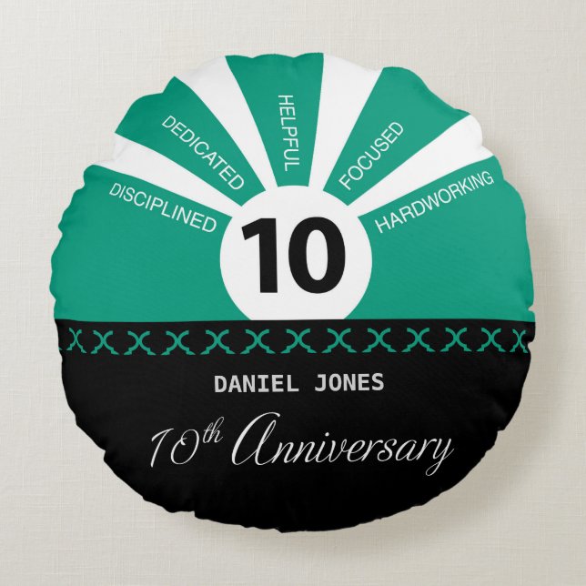 Personalise, 10th Year Employee Anniversary Round Cushion (Front)