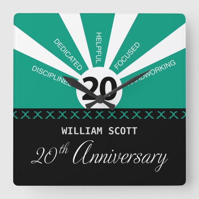 Personalise, 20th Yr Business Employee Anniversary Square Wall Clock (Front)