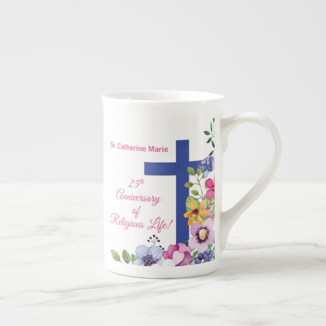 Personalise, 25th Anniversary Nun Religious Life Bone China Mug (Right)