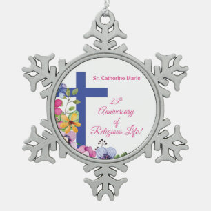 Personalise, 25th Anniversary Nun Religious Life Snowflake Pewter Christmas Ornament