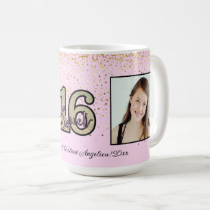 Personalise 2 Photos & Message Sweet 16 Gift Coffee Mug