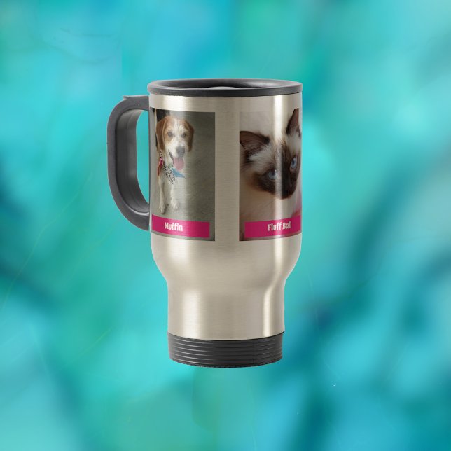 Personalise 3 Pet Photos & Names / Fuchsia Travel Mug (Creator Uploaded)