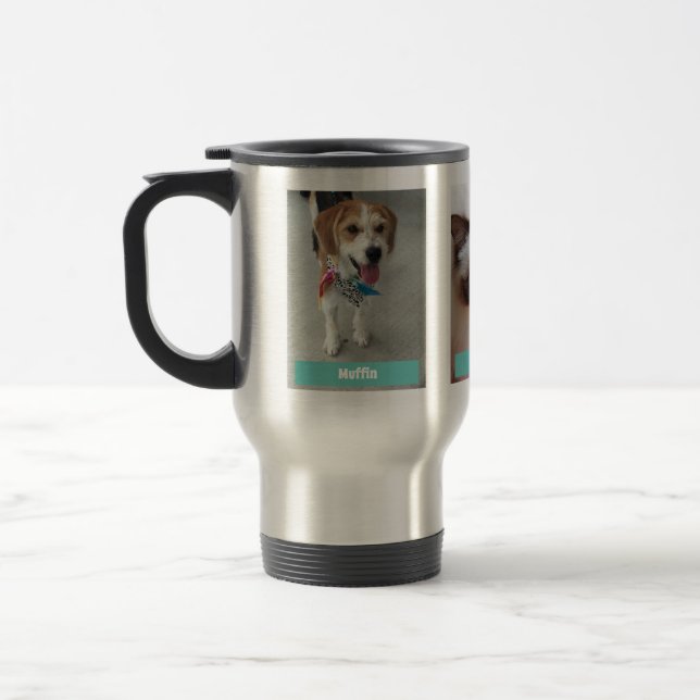 Personalise 3 Pet Photos & Names / Teal Travel Mug (Left)