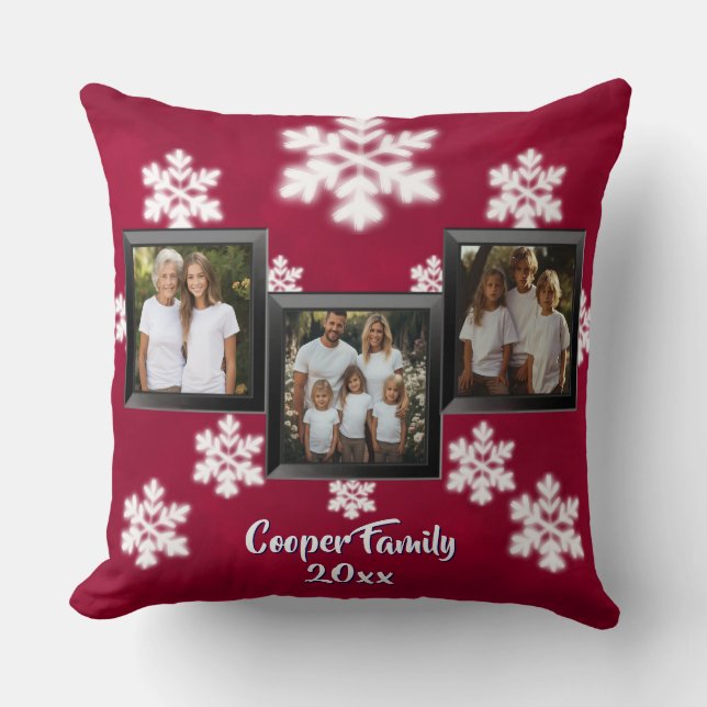 Personalise 3 photo Christmas cheer snowflakes Cushion (Front)