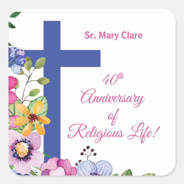 Personalise, 40th Anniversary Nun Religious Life Square Sticker (Front)