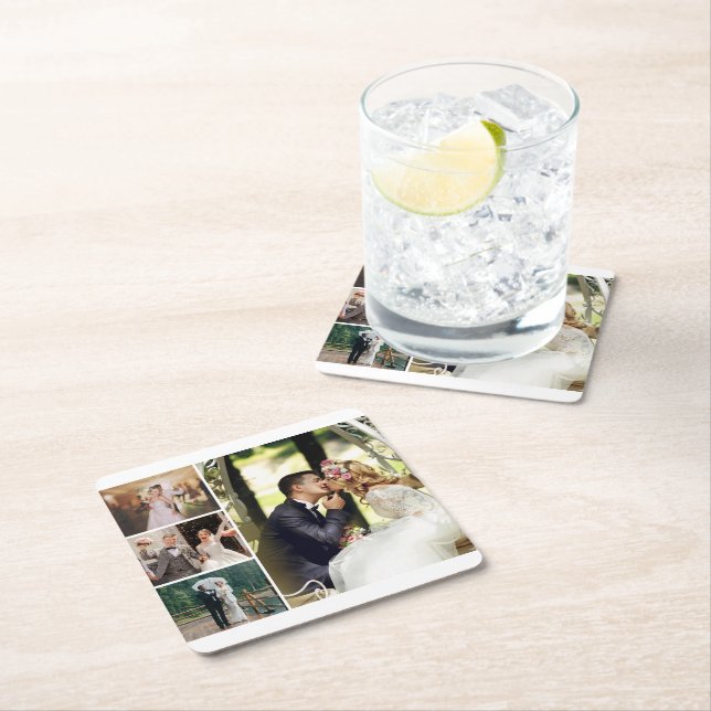 Personalise 4 Custom Photo Collage Square Paper Coaster (Insitu)
