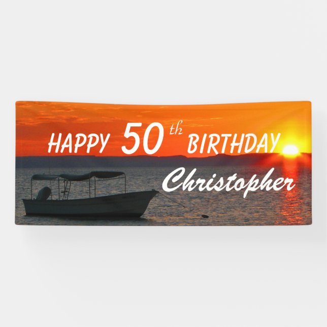 Personalise 50th Birthday Sign Fishing Boat Sunset (Horizontal)