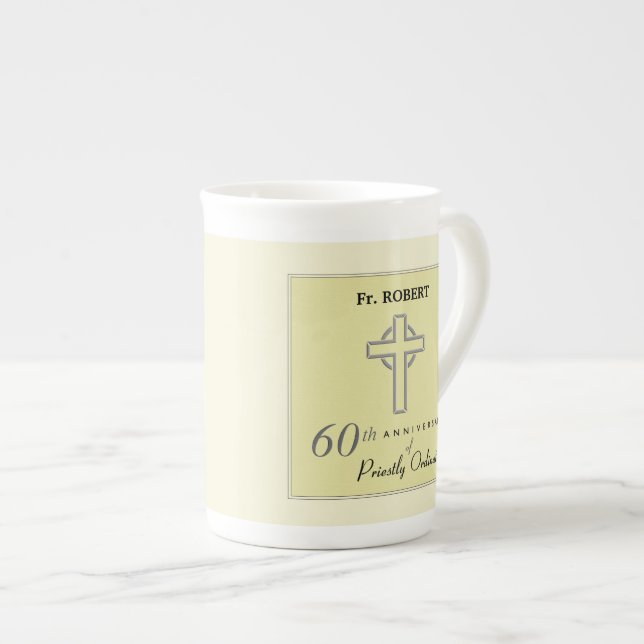 Personalise, 60th Anniversary of Priest Embossed Bone China Mug (Front Right)