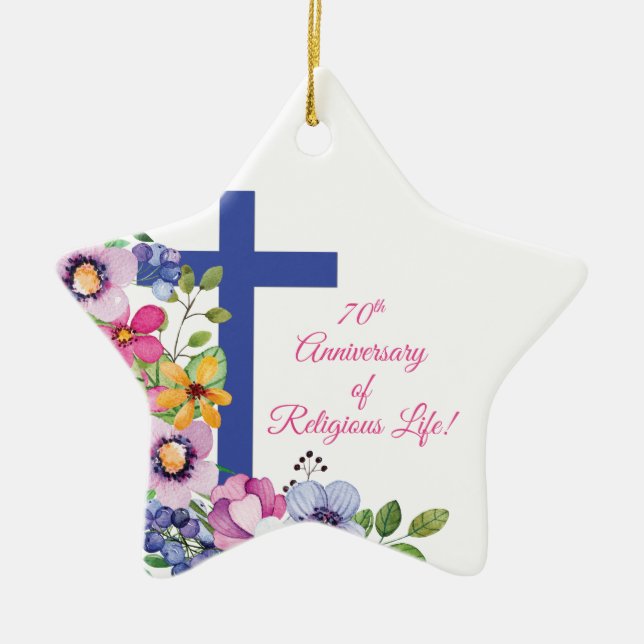 Personalise, 70th Anniversary Nun Religious Life Ceramic Tree Decoration (Front)
