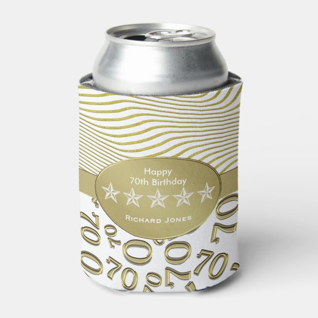 Personalise:  70th Birthday White and Gold Theme Can Cooler (Can Front)