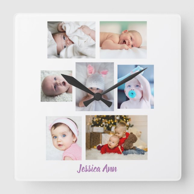 Personalise 7 Baby Photos & Name, White Square Wall Clock (Front)