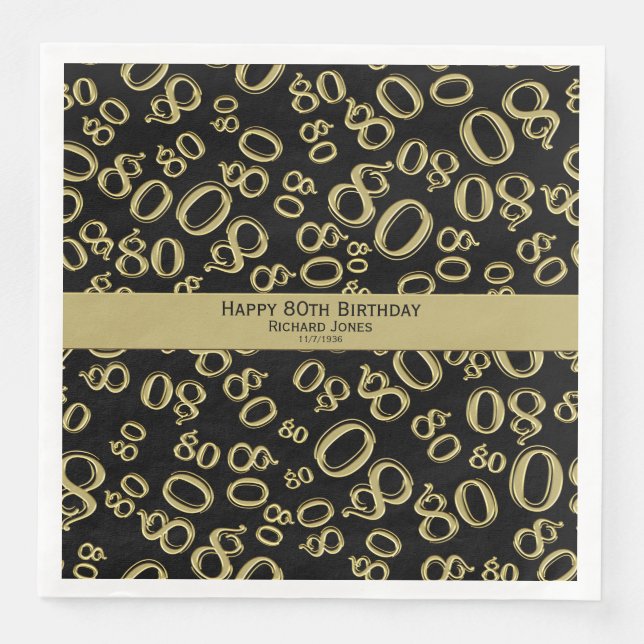 Personalise:  80th Black and Gold Birthday Party Napkin (Front)