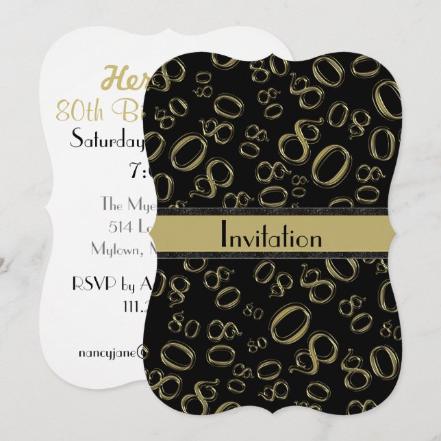 Personalise: 80th Gold and Black Birthday Party Invitation (Front/Back)