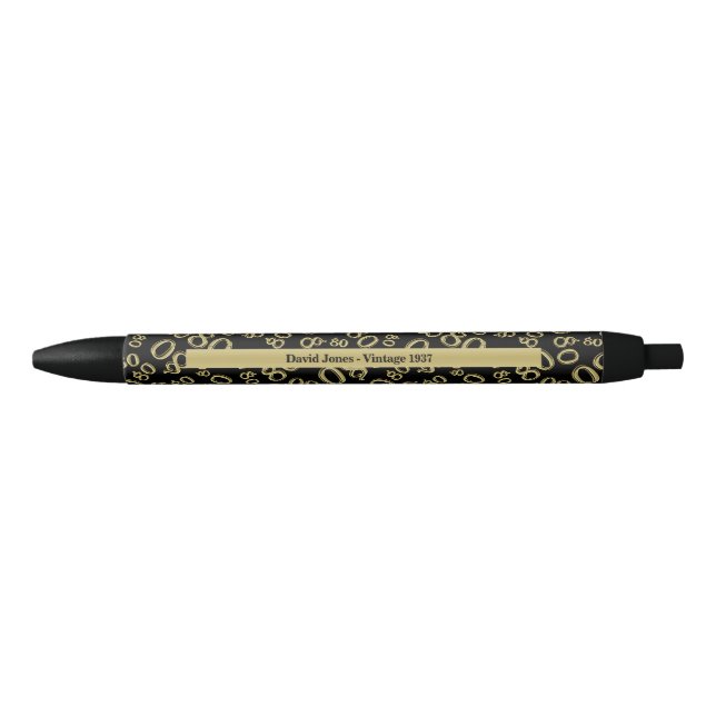 Personalise 80th Gold/Black Birthday Favour Gift Black Ink Pen (Front)
