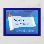 Personalise a Bar Mitzvah Postcard<br><div class="desc">Beautiful,  original artwork of a Torah scroll with a wavy background in blues,  and contrasted with a dark blue frame. Celebratory in style!  Make it an invitation by changing "Save the Date" to "You're Invited" on the front.</div>