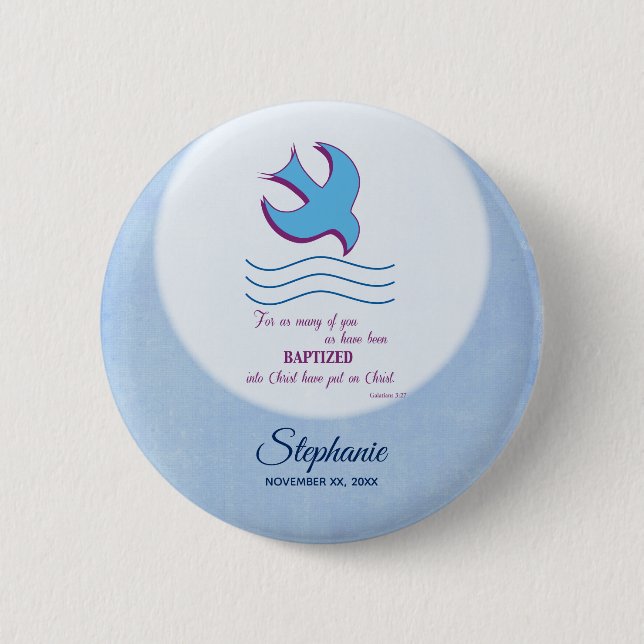 Personalise, Adult Baptism Dove on Blue 6 Cm Round Badge (Front)
