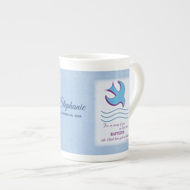 Personalise, Adult Baptism Dove on Blue Bone China Mug (Front Right)