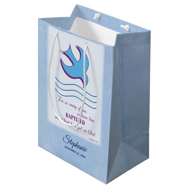 Personalise, Adult Baptism Dove on Blue Medium Gift Bag (Front Angled)