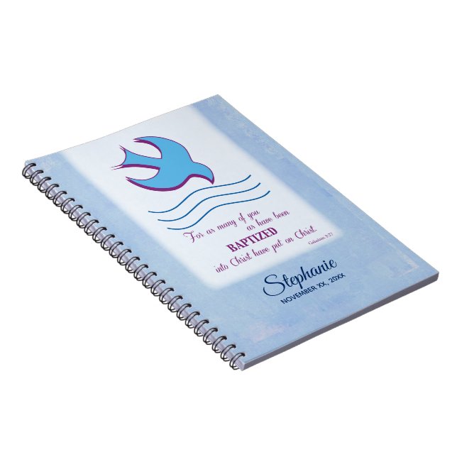 Personalise, Adult Baptism Dove on Blue Notebook (Right Side)