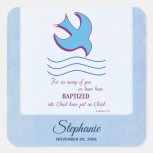 Personalise, Adult Baptism Dove on Blue Square Sticker