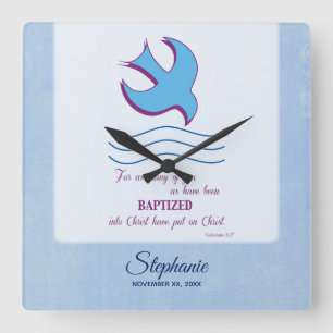 Personalise, Adult Baptism Dove on Blue Square Wall Clock
