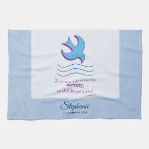 Personalise, Adult Baptism Dove on Blue Tea Towel