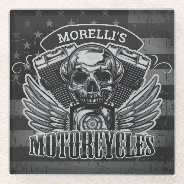Personalise American Biker Skull Motorcycles Glass Coaster (Front)