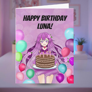 Personalise Anime Teenager Girl With Cake Card