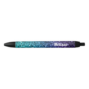 Personalise Aqua blue Ombre glitter sparkles Black Ink Pen