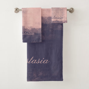 Personalise Art Style Abstract Pink Navy Blue Bath Towel Set