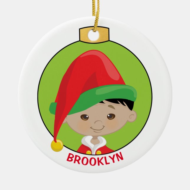 Personalise Asian Boy Elf Ceramic Tree Decoration (Front)
