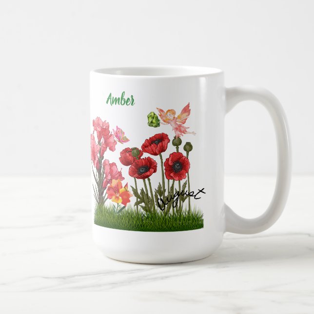 Personalise Aug Birth Flowers & Stone Coffee Mug (Right)