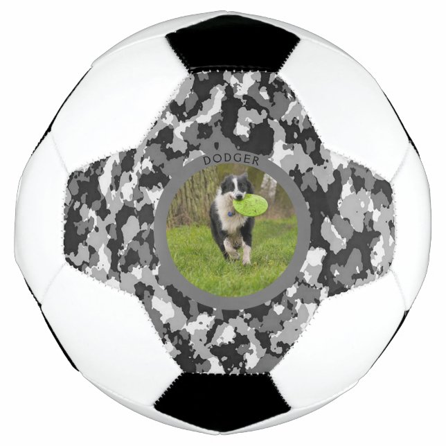 Personalise B & W Camo Dog Name Picture Play Football (Front)