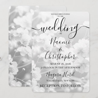 Personalise: B&W Delicate White Flowers Wedding Invitation