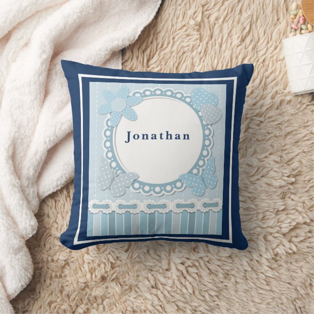 Personalise Baby Boy Blue Butterflies Flower Heart Cushion (Blanket)