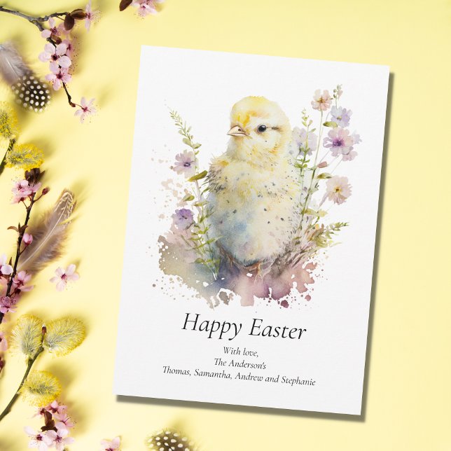 Personalise Baby Chick Pastel Floral Easter  Holiday Card (Creator Uploaded)