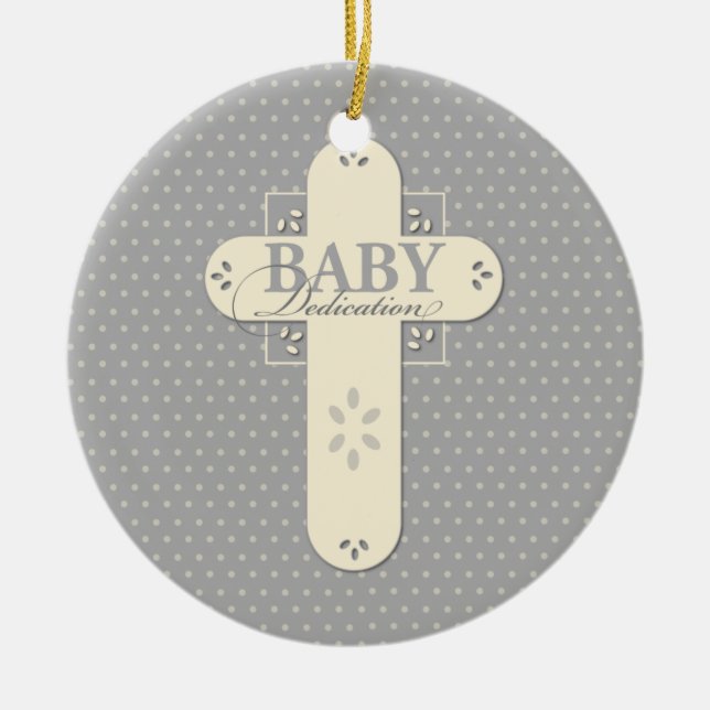 Personalise, Baby Dedication Cream & Grey Cross Ceramic Tree Decoration (Front)
